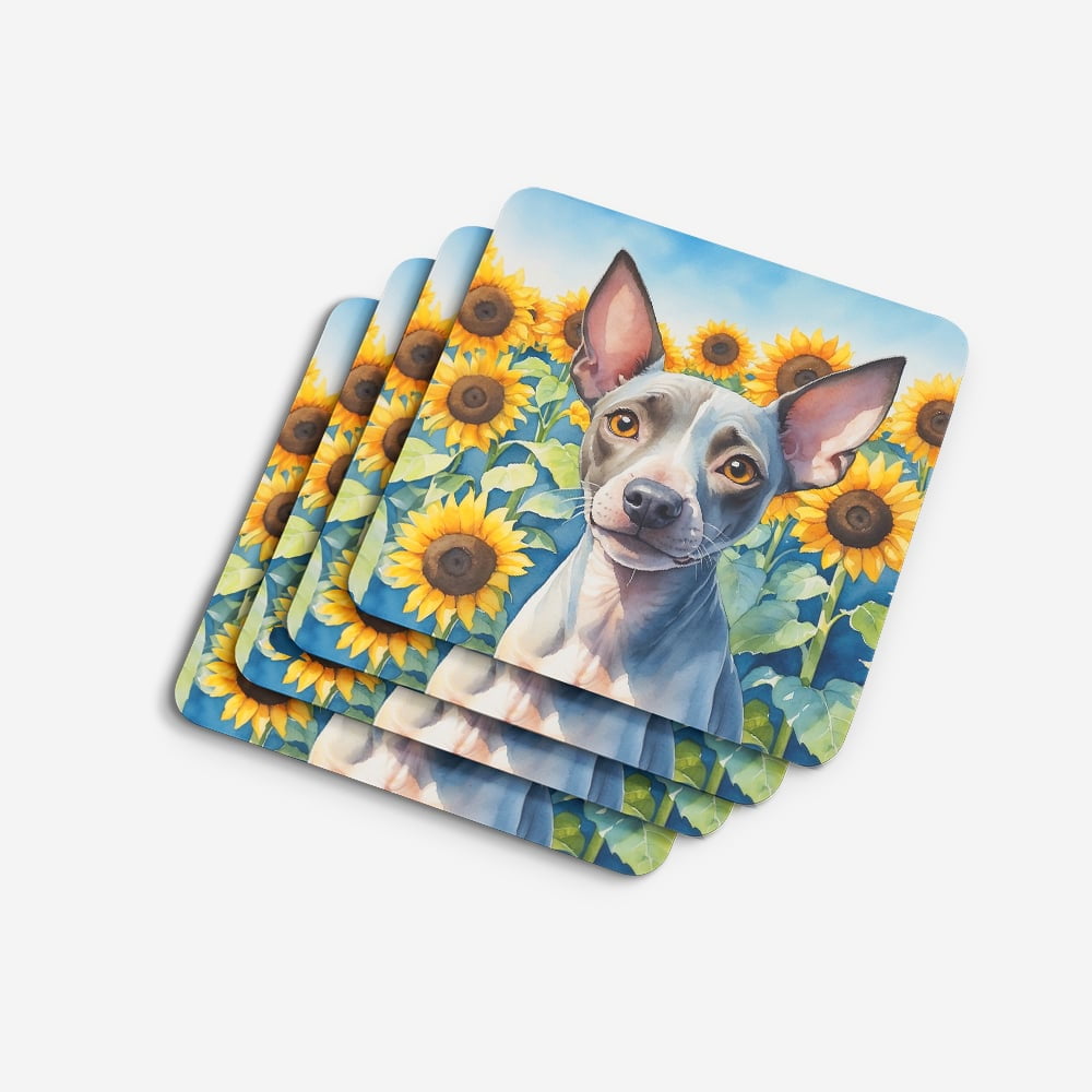 American Hairless Terrier in Sunflowers Foam Coasters 3.5 in x 3.5 in