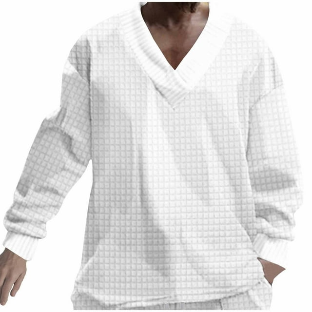Styesk Mens Shirts Man Leisure Solid Color V-neck Small Squares Head Cover Long Sleeves