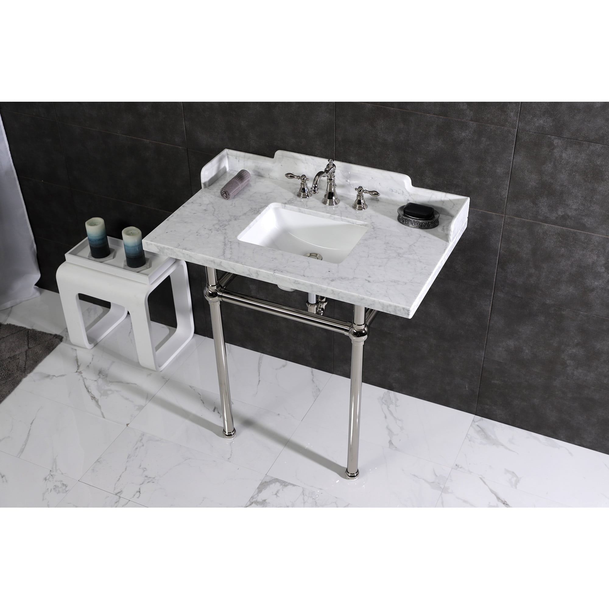 Kingston Brass LMS36MBSQ6 Pemberton 36" Carrara Marble Console Sink with Brass Legs (8-Inch, 3-Hole), Carrara Marble White/Polished Nickel