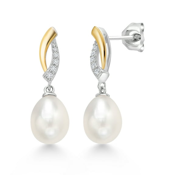 Gem Stone King 925 Sterling Silver and 10K Yellow Gold 9X7MM Cultured Freshwater Pearl and Lab Grown Diamond Dangle Earrings for Women