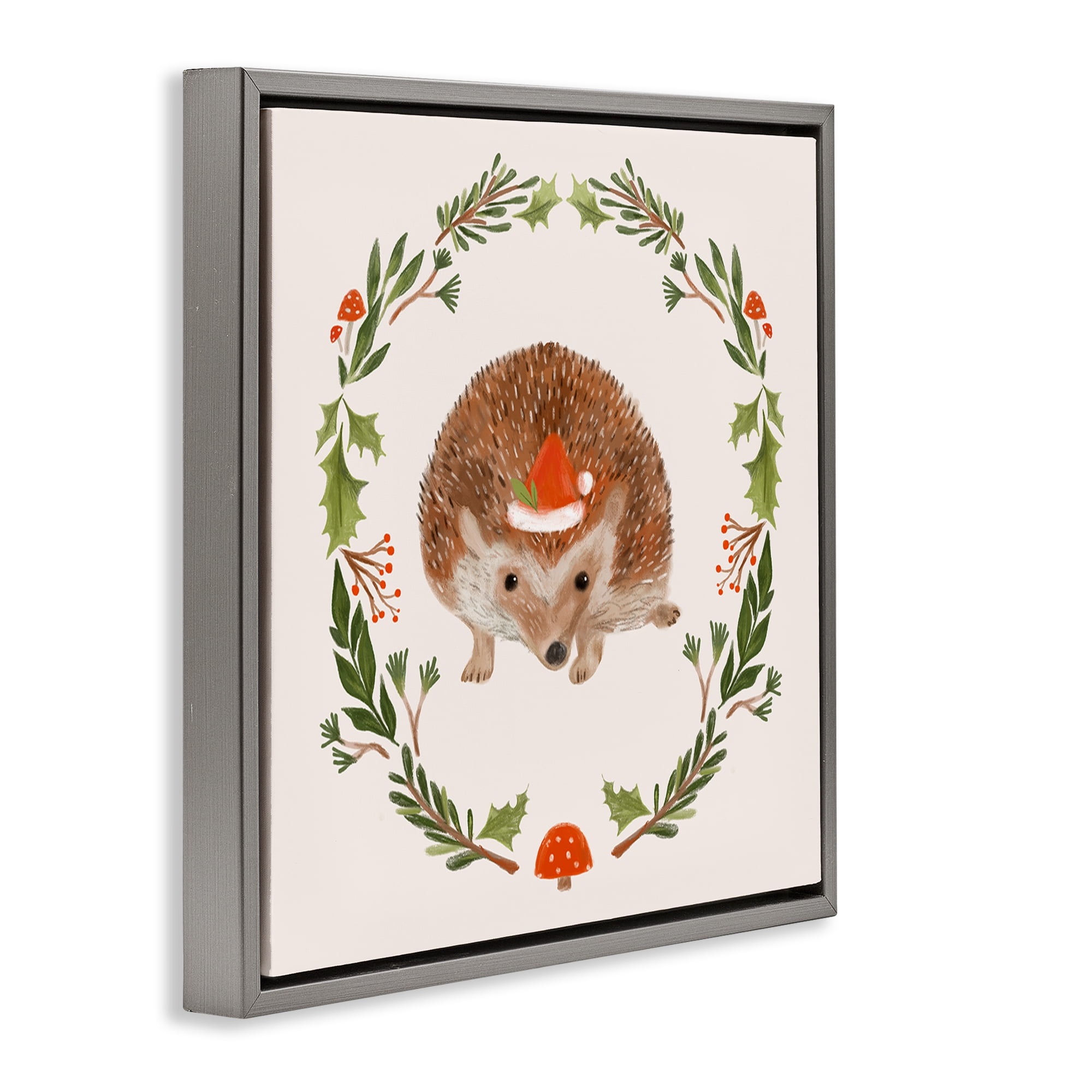 Stupell Industries Holiday Hedgehog Wreaf Holiday Painting Gray Floater Framed Canvas Art Prints Wall Art, 18 x 18