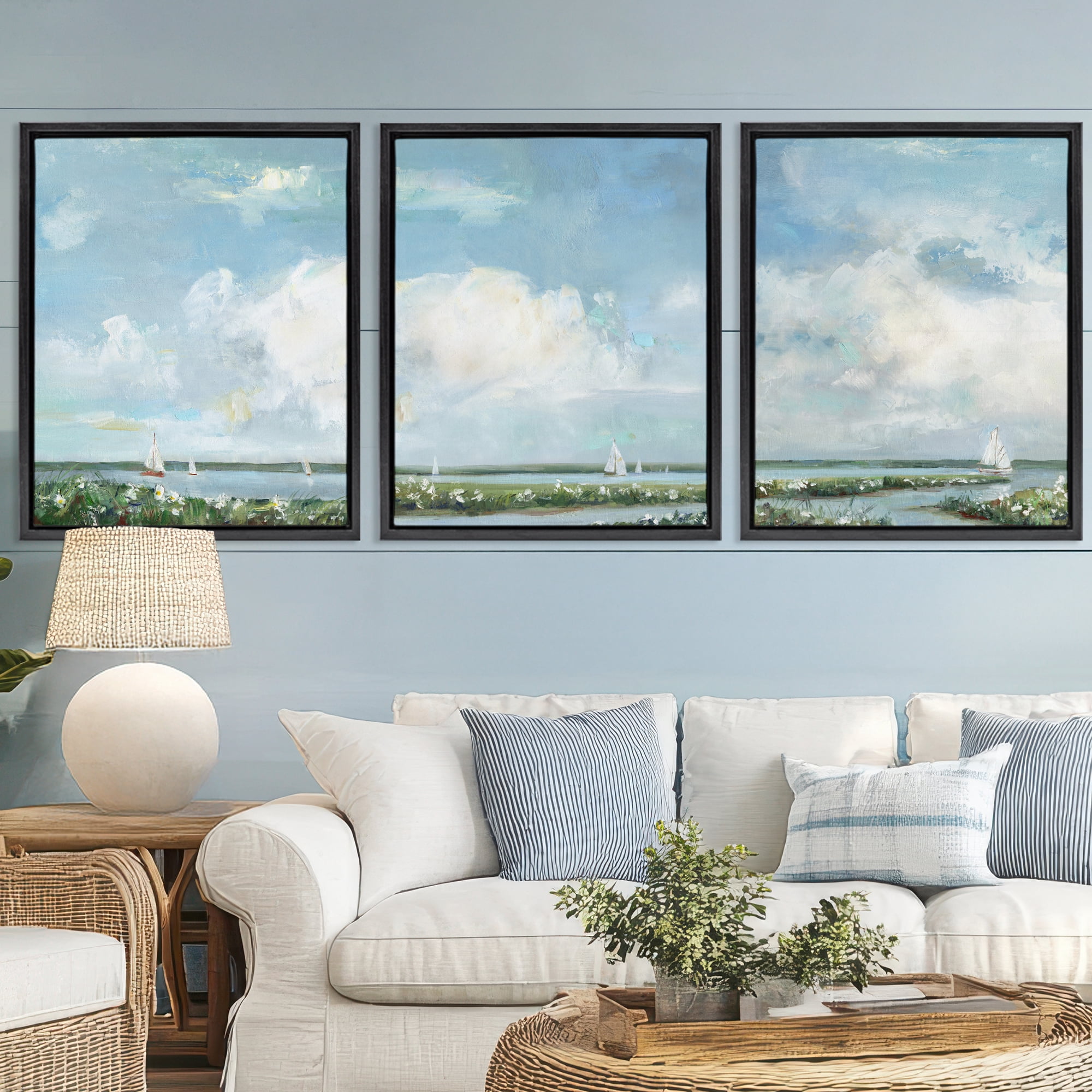 Stupell Industries Daisies Along Calm Coastline 3 Piece Black Framed Floater Canvas Set, design by Sally Swatland
