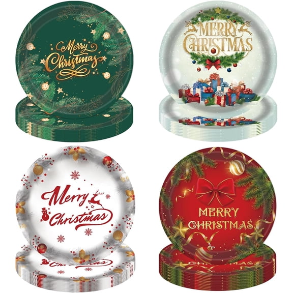 48 Pack Christmas Paper Plates Disposable 7 Inch Heavy Duty - 4 Assorted Holiday Designs with Reindeer, Gifts, Holiday Greetings - Red Green White Christmas Party Plates for Dinner & Dessert