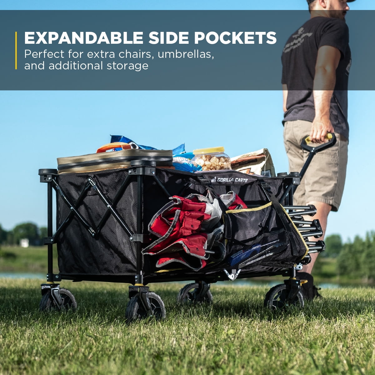 Gorilla Carts Collapsible Folding Wagon Cart, 7 Cu Ft Bed, 150 lb Load Rating, Black