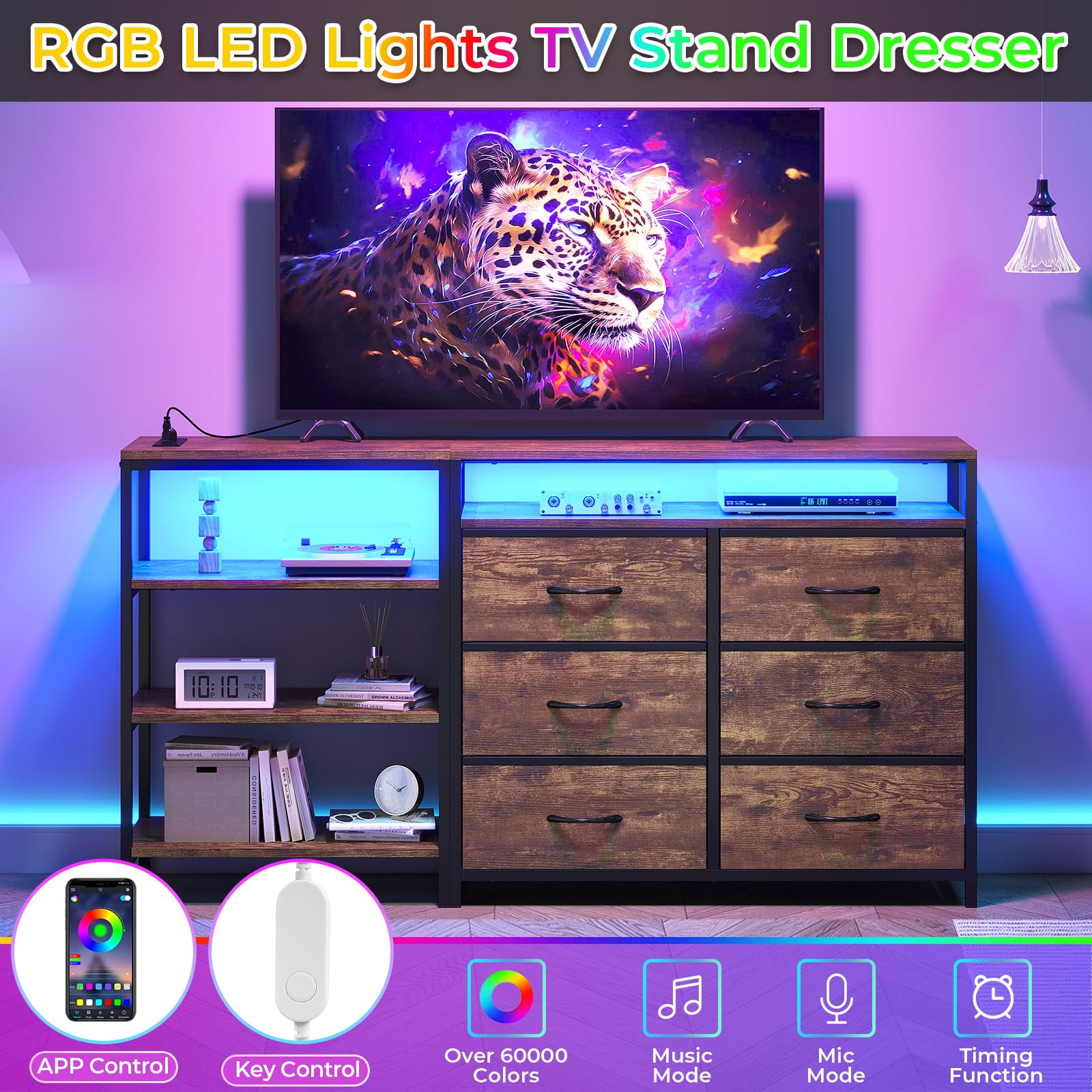 Afuhokles 6 Drawer Dressers for Bedroom with Charging Station and LED Light, 6 PU Drawers, 3 Open Shelves, Rustic Brown