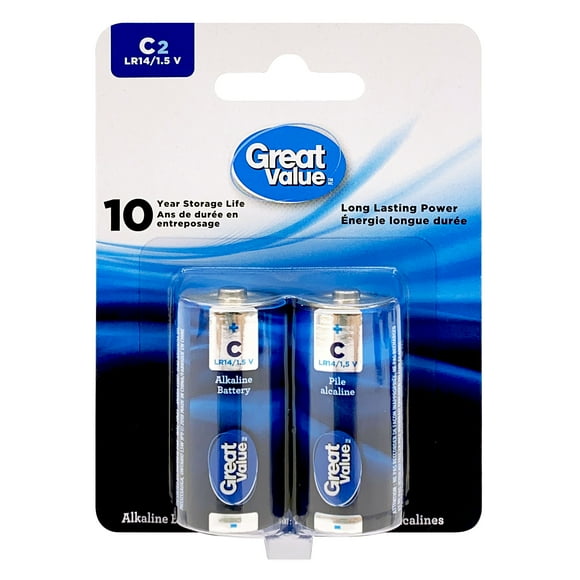 Great Value C LR14/1.5 V Alkaline Batteries 2-Pack, 10-year storage life, Long lasting power guarantee