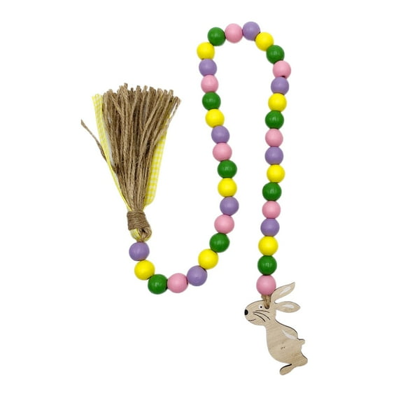 NSESSHome Easter Wood Bead Garland, Bunny Spring Wood Beads Garland with Tassel, Wooden Beaded Easter Decor Farmhouse Rustic Hanging Decorations for Home Room Wall Tiered Tray Shelf, 28.3"