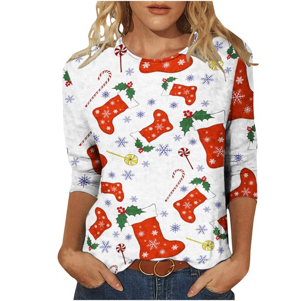 Camiseta suelta estampada a la moda para mujer, blusa de mangas 3/4, cuello redondo, camisetas informales Pompotops FGAJ12220