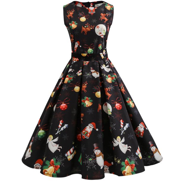 Vestido de fiesta de noche de Navidad sin mangas con cuello redondo y estampado vintage para mujer Pompotops ghjkhdj6455