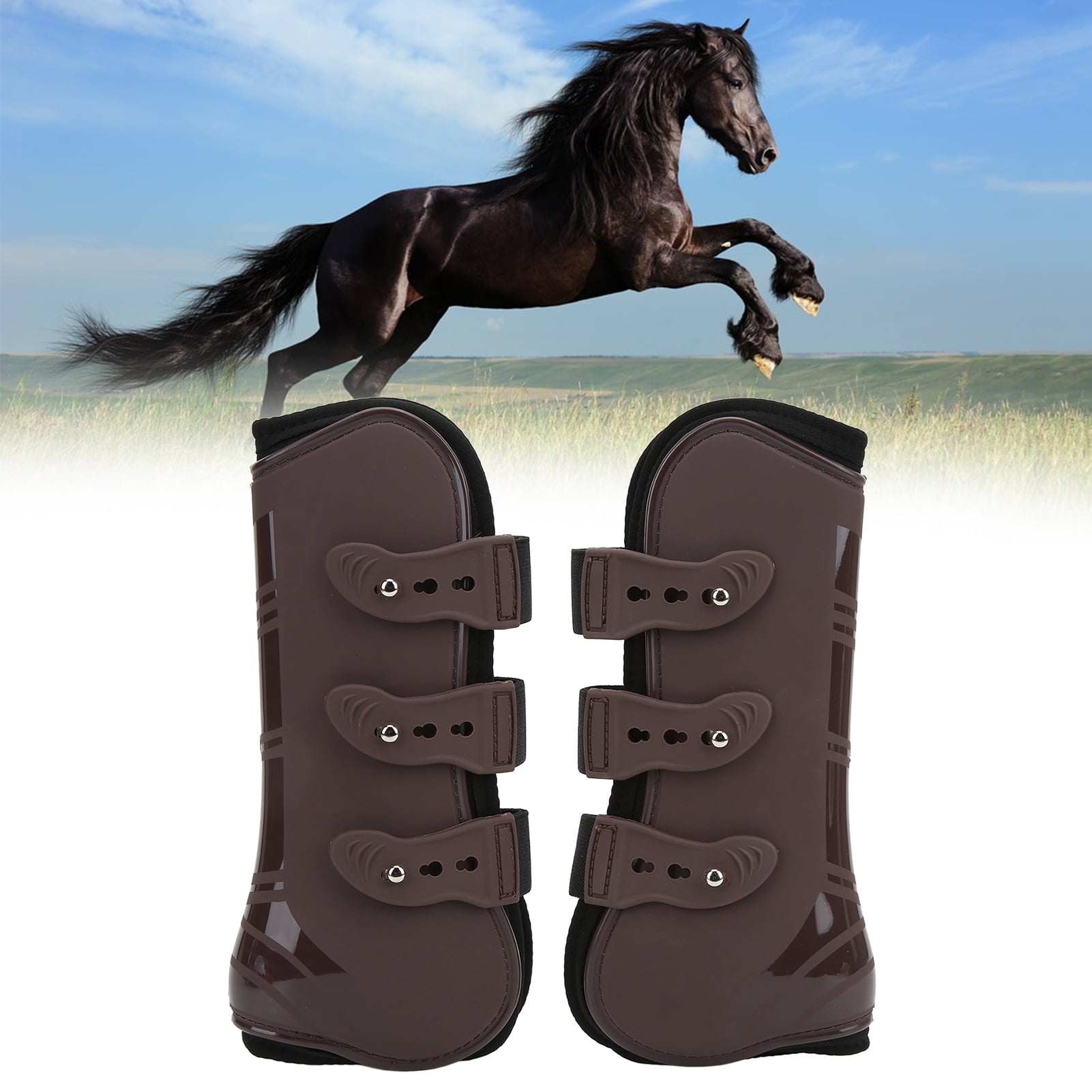 YAHHU 2Pcs PU Neoprene Horse Front Leg Guard Boots, Protective Equestrian Riding Jumping Tendon Support Boots with Hook & Loop Fastener, Brown, Size XL (10.24 inches / 26 cm)