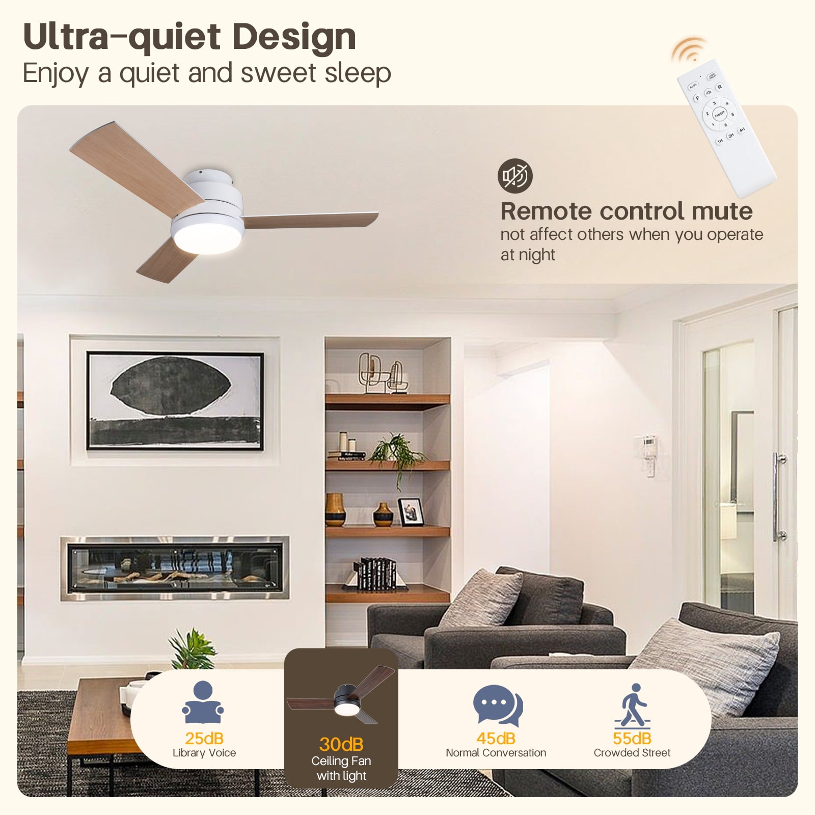 Surnie Ceiling Fans with Lights, 42 inch Low Profile Ceiling Fan with Light and Remote Control, Flush Mount, Reversible, 3CCT, Dimmable, Noiseless, White Ceiling Fan for Bedroom, Indoor/Outdoor Use