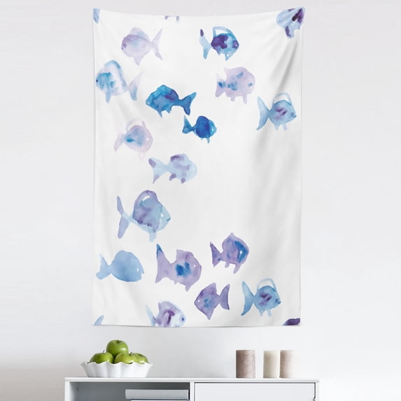 Animal Tapestry, Little Fishes Watercolors Ocean Underwater Life Marine Theme Art, Fabric Wall Hanging Decor for Bedroom Living Room Dorm, 5 Sizes, Pale Blue Mauve Blue, by Ambesonne