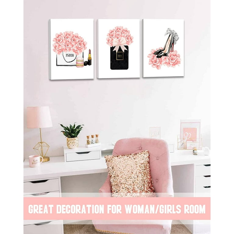 Glam Pink Fashion Wall Art Girls Room Decor Wall Pink Golden Fashion Shopping Lady Perfume Flower Book High Heels Posters Prints Women Decor Bedroom