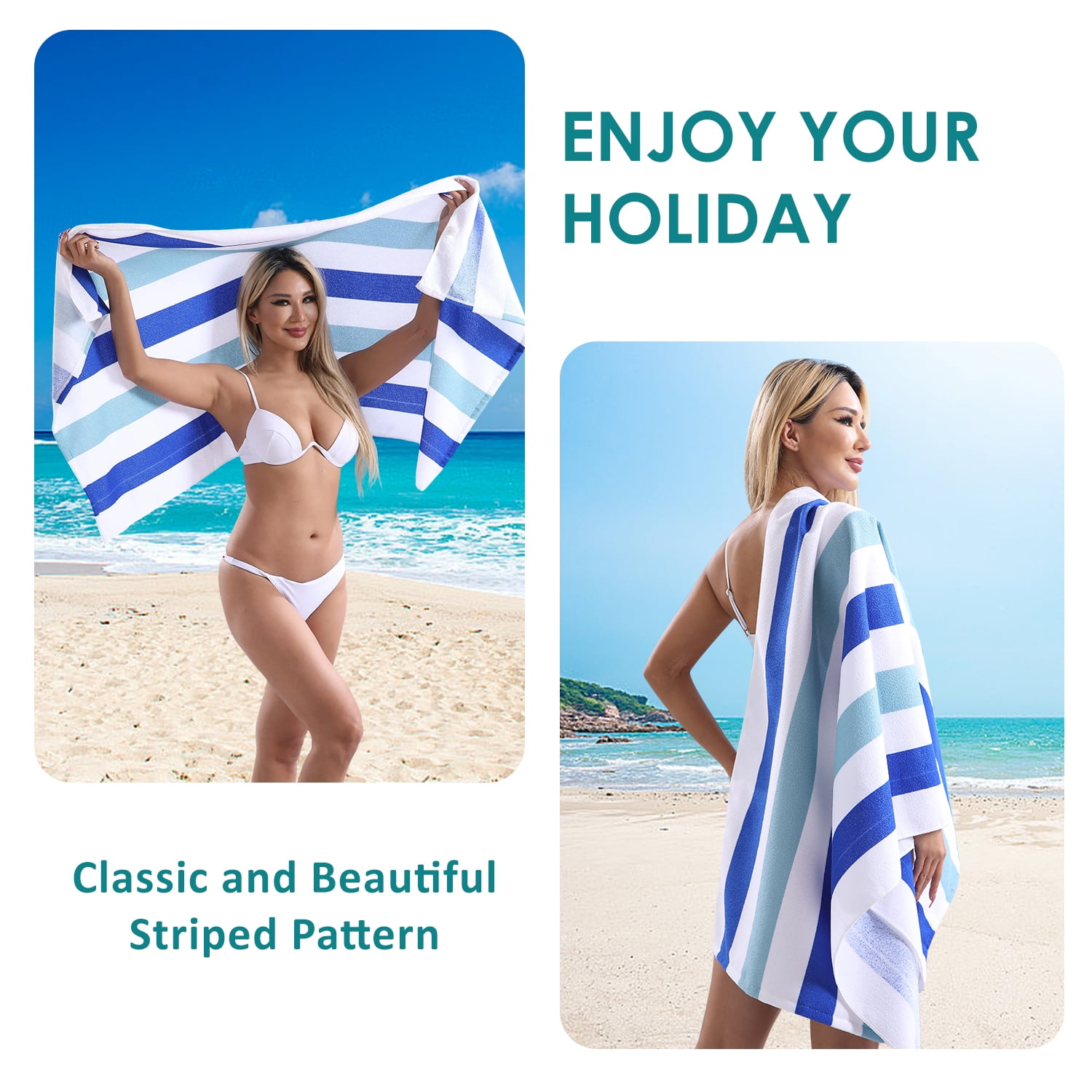 Smuge 4 Pack Cabana Stripe Beach Towels Set, 60x30 inches Microfiber Lightweight Outdoor Large Swim Towel for Adults (Navy Green)