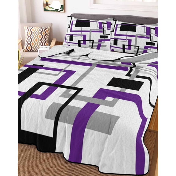Purple Black Geometric Full Size Down Alternative Comforter, Lightweight Comforter Quilt Bedding Set with Pillow Shams Minimalist Stripes Abstract Art All Seasons Bed Comforter Duvet Insert 78"x90"