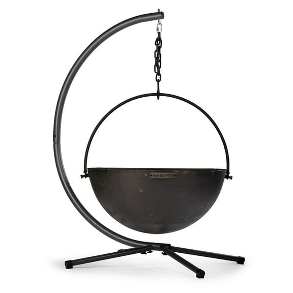 Ash & Ember 42" Cast Iron Cauldron Fire Pit Bowl with Double Hinged Grill Grate-Easy-Lift Handles & Handing Chain, Round Wood Burning Patio Fire Bowl for Backyard Patios