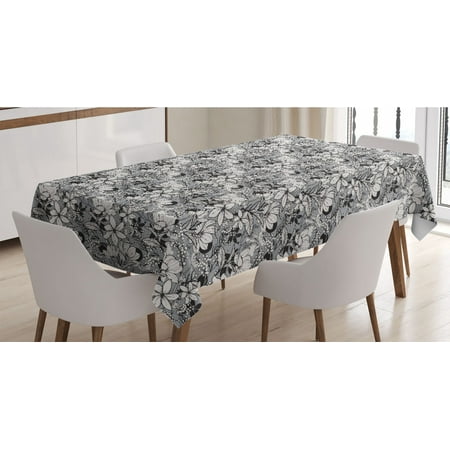 

Garden Art Tablecloth Botanical Pattern with Hand Drawn Flowers Frangipani Mimosa and Lotus Rectangle Satin Table Cover for Dining Room and Kitchen 52 X 70 Black White Pale Grey by Ambesonne