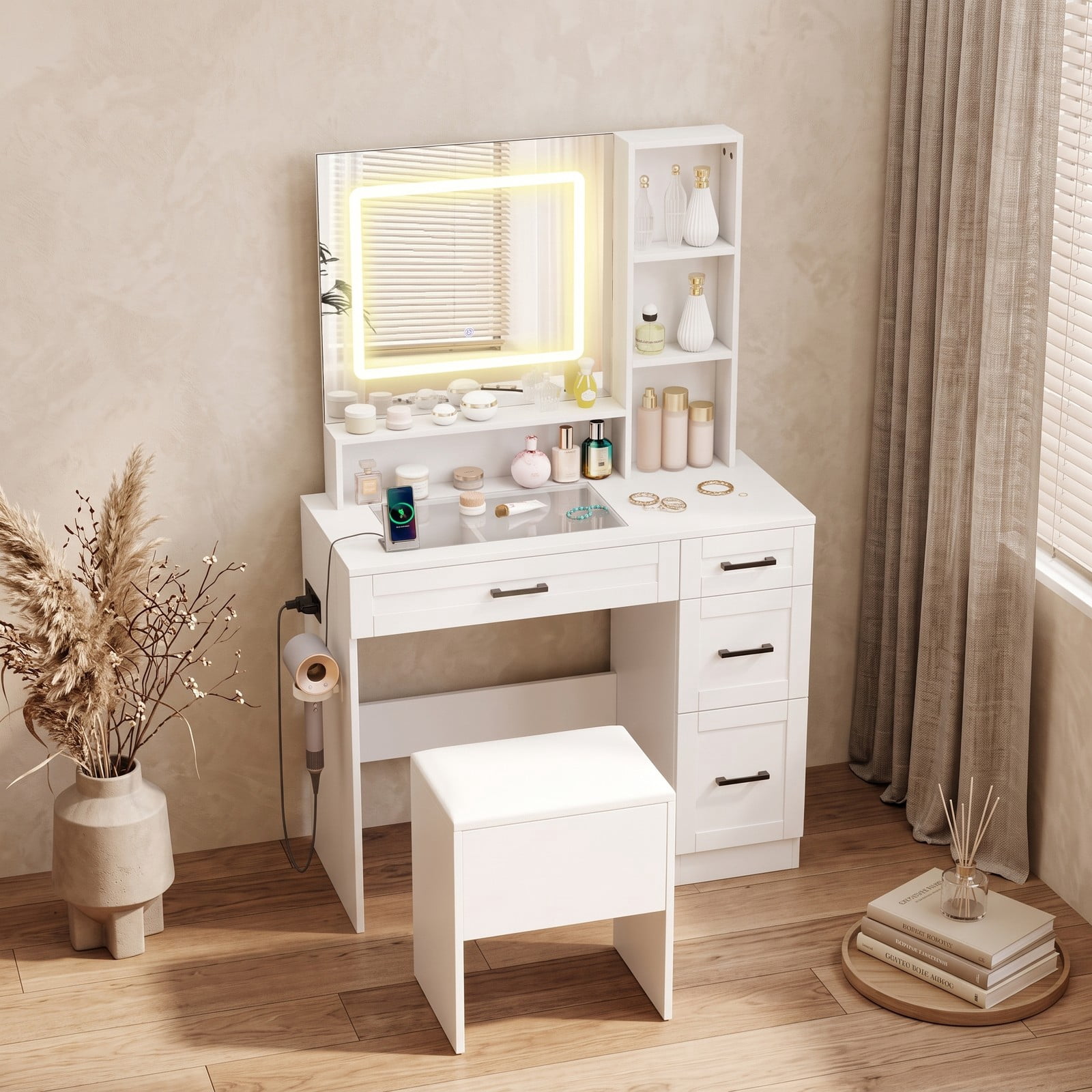 Furnibear Vanity Desk with Lighting and Hair Dryer Stand, Makeup Vanity Table with 3 Color Modes, Charging Station, 4 Drawers and Cushioned Stool, White