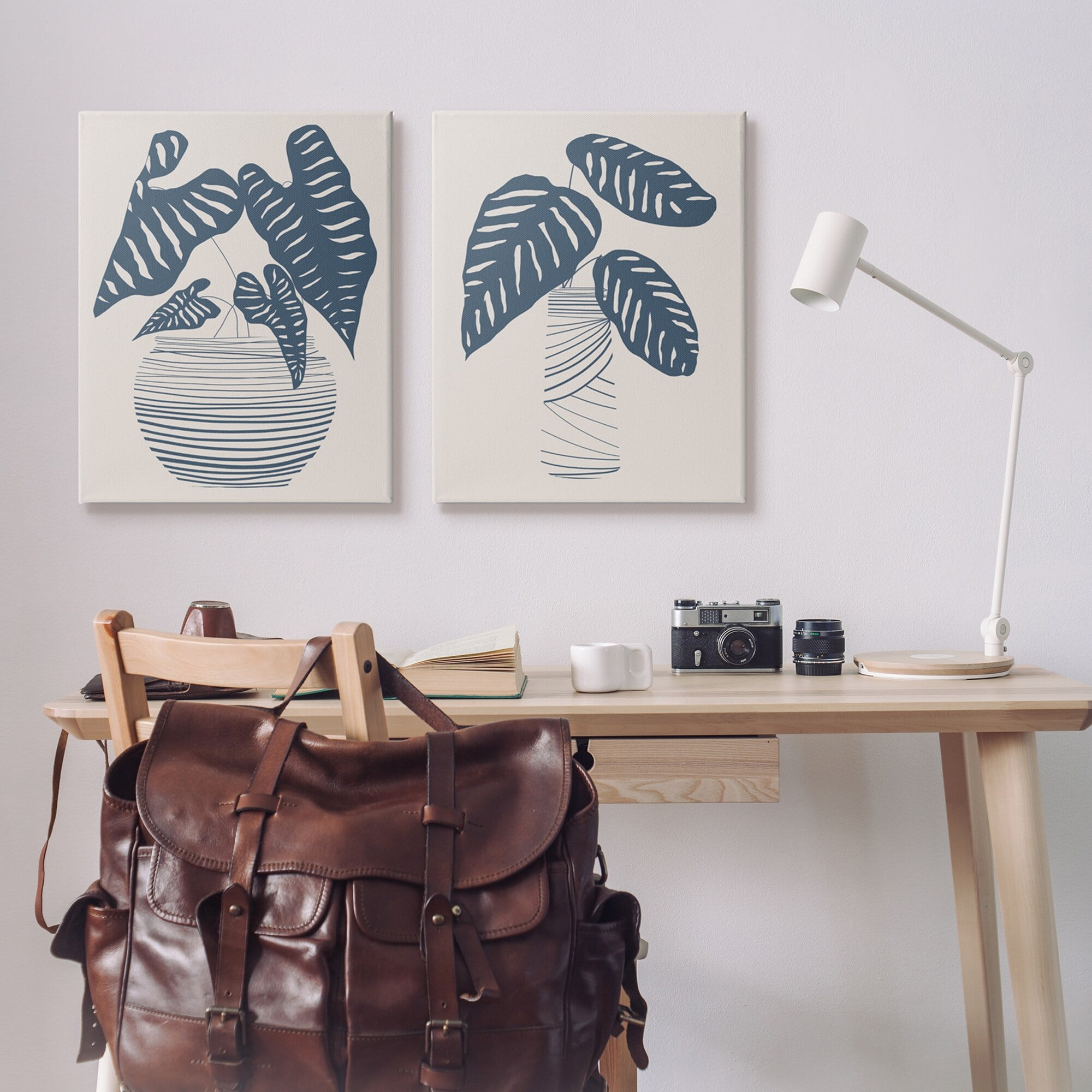 Stupell Industries Neat Potted Plant Leaves Minimal Striped Vases Graphic Art Gallery Wrapped Canvas Print Wall Art, Set of 2, Design by Daniela Santiago
