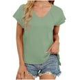 thumbnail image 2 of Otvok Womens New Summer Solid Color V-Neck Short Sleeve Tops with A Slit At The Hem, 2 of 6