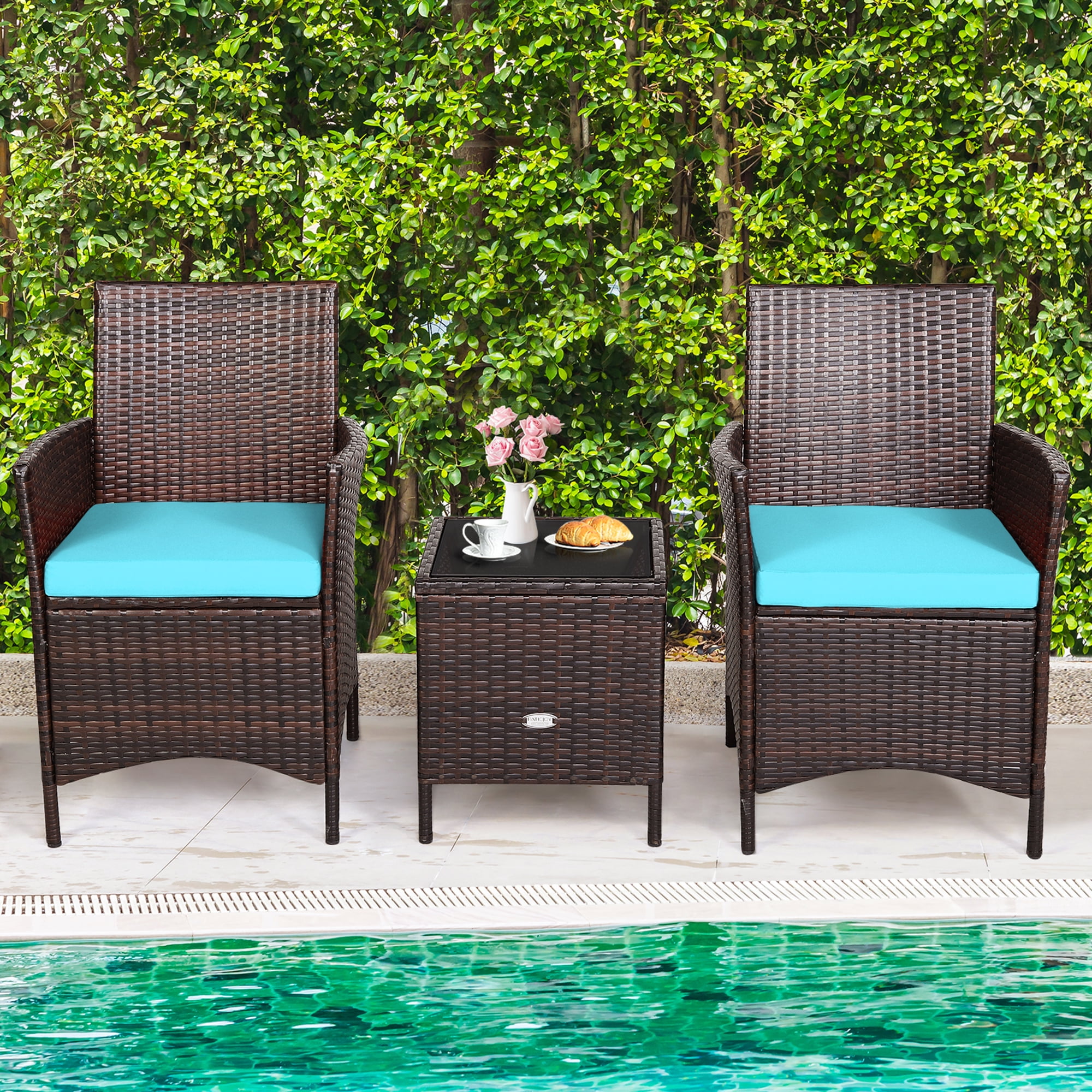 Gymax 3PCS Outdoor Rattan Conversation Set Patio Furniture Set w/ Blue Cushions