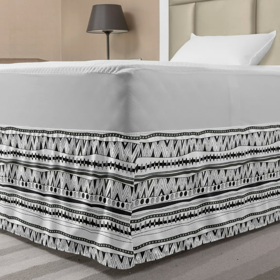 Tribal Bed Skirt, Primitive Aztec with Circles Triangles Tribal Folk Pattern, Elastic Bedskirt Dust Ruffle Wrap Around for Bedding Decor, 4 Sizes, Charcoal Grey White, by Ambesonne