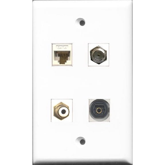 RiteAV 1 Port RCA White and 1 Port Coax Cable TV- F-Type and 1 Port Toslink and 1 Port Cat6 Ethernet White Wall Plate