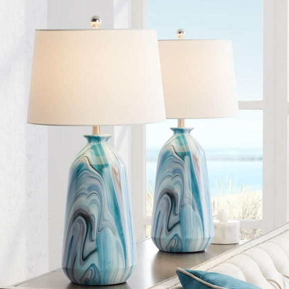 360 Lighting Carlton Modern Coastal Table Lamps 28" Tall Set of 2 Swirling Blue Faux Marble White Tapered Drum Shade for Bedroom Living Room Bedside