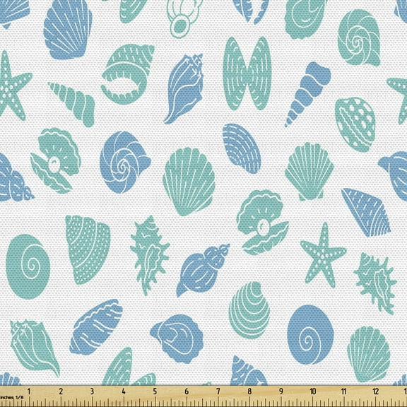 Ambesonne Aqua Fabric by the Yard Upholstery, Shells Scallop Starfish Clam, 10 Yards, Seafoam Deep Sky Blue