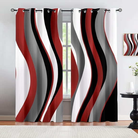 Red And Black Wavy Stripes Thermal Insulated Drapes, Abstract Dynamic Lines Blackout Curtains, For Bedroom Living Room Door Decor 26"W x 84"L (Pack of 2)