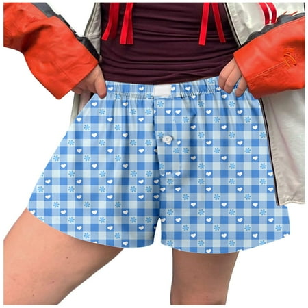 Blphud Beach Shorts Shorts Underwear for Women Cotton Women Shorts Soft Elastic Low Waist Plaid Print Button Front Bottoms Boxer Shorts Womens Baseball Shorts Blue XL