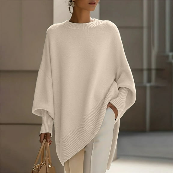 Women's Oversized Poncho Style Sweater, Elegant Dropped Shoulder Knit Top, Soft Luxurious Crewneck Pullover, Cozy Cape Like Design, Loose Fit Tunic, Fall Winter Comfort Wear Beige L