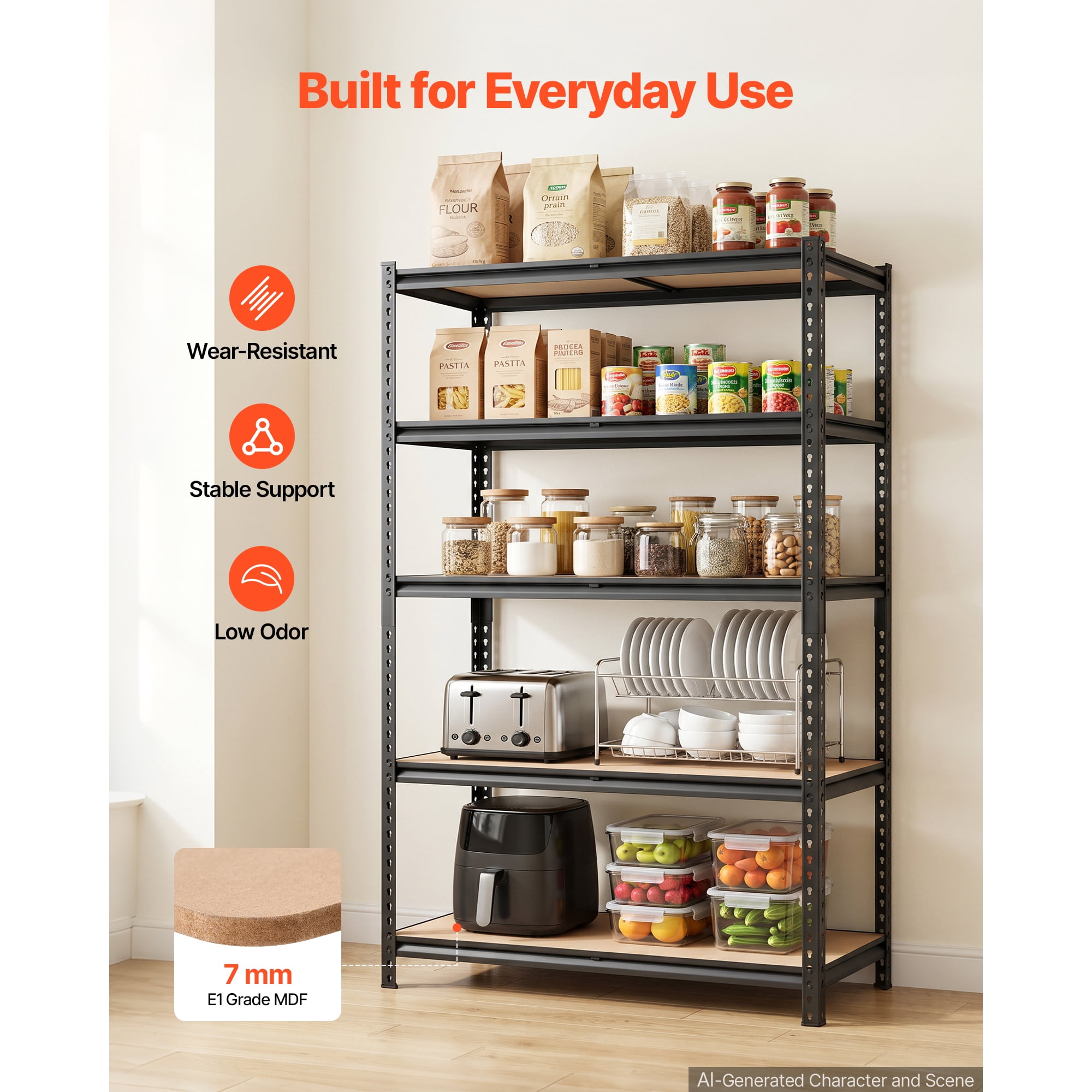 KFFKFF 5-Tier Adjustable Storage Shelves, 2000 lbs Capacity, Durable Metal Utility Rack for Garage, Warehouse, Basement, or Kitchen, Dimensions: 48.35" W x 18.07" D x 71.38" H