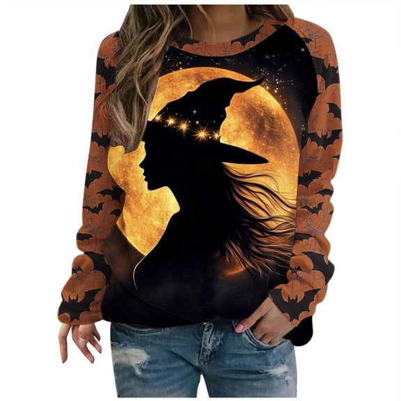 LYEAA Sweatshirts for Women Halloween Witch Print T Shirt Spooky Season Long Sleeve Crewneck Tops Fall Tee Shirts Multicolor L