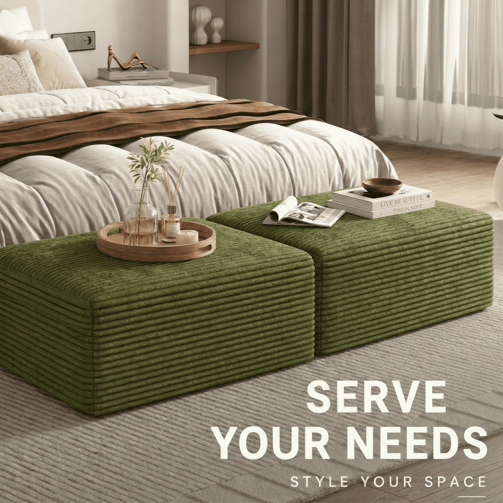 Large Oversized Corduroy Ottoman Footrest for Sofa Large Rectangle Floor Bench Extra Seating Coffee Table for Living Room, No Assembly (Sage Green)