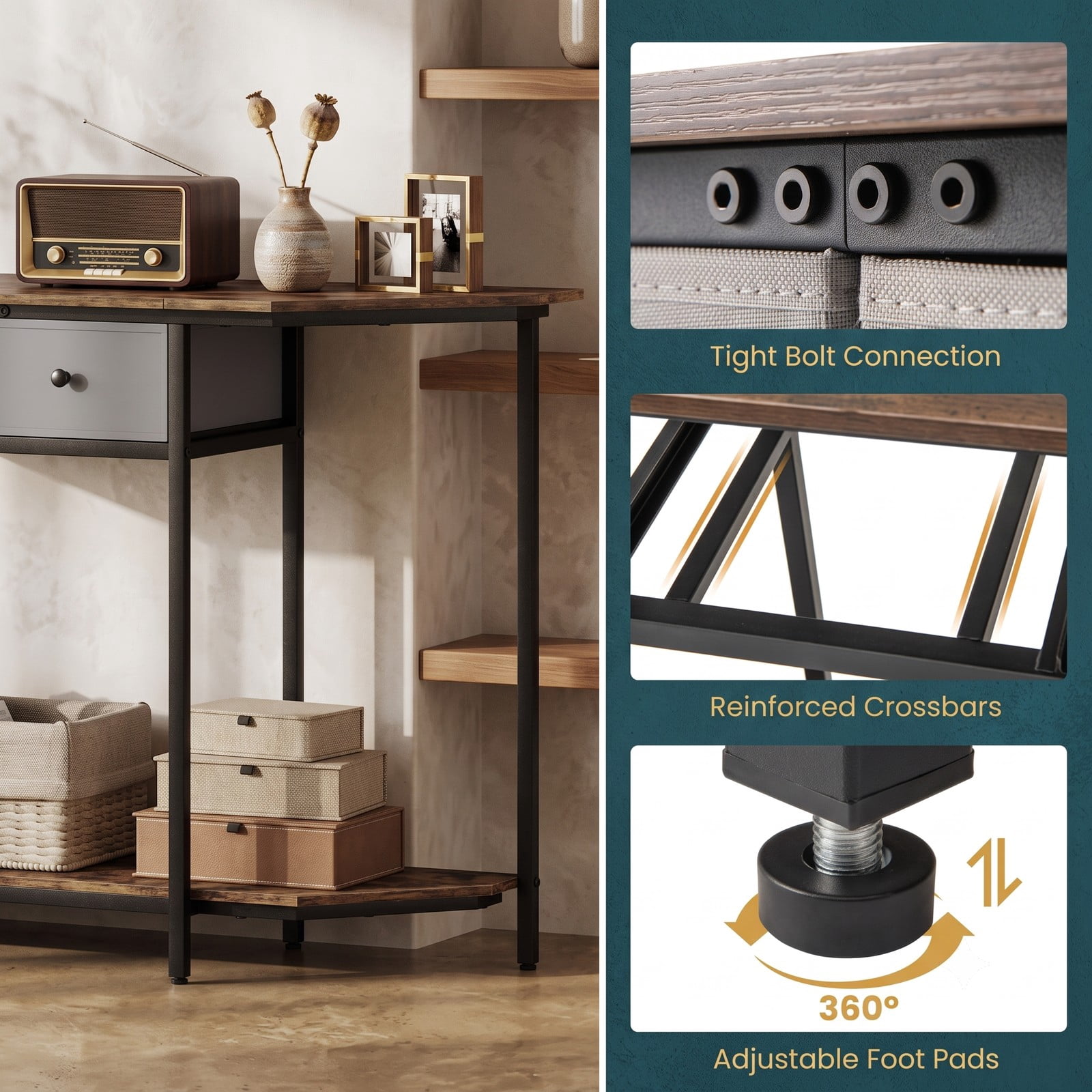 Furnibear Console Table with 2 Drawers and Polygonal Top and Open Storage Shelf and Metal Frame for Entryway, Rustic Brown