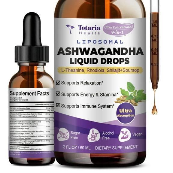 Totaria Liposomal Ashwagandha Liquid Drops for Cortisol Support, Energy & Focus - Alcohol-Free, Non-GMO (2 fl.oz)
