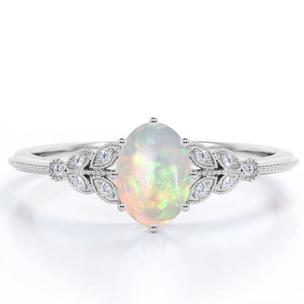 JeenMata Anillo de Compromiso de 1,10 Quilates con Ópalo Blanco de Corte Ovalado y Moissanita, Borde Milgrain, Catedral de 8 Puntas, Chapado en Oro Blanco de 18 K sobre Plata