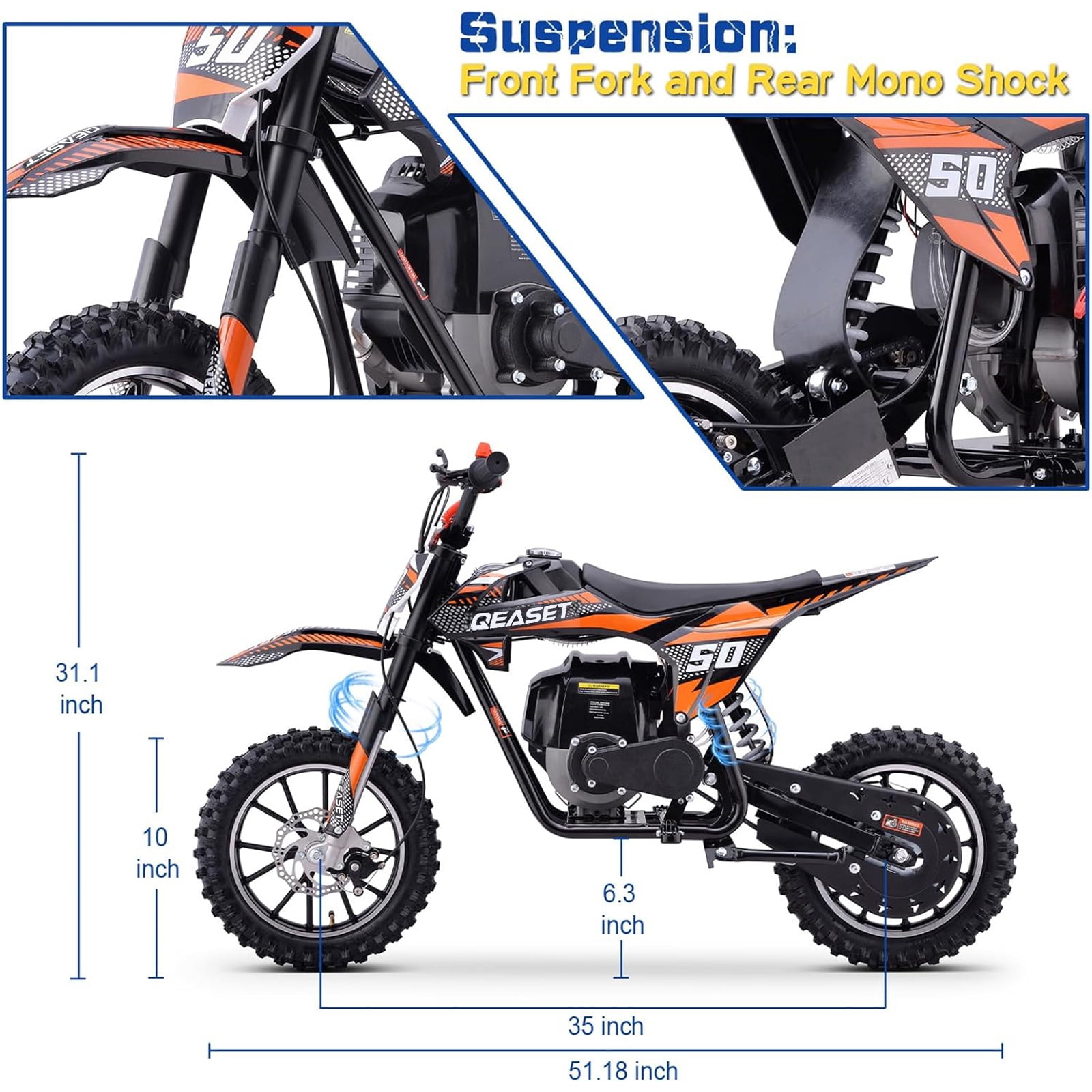QEASET Gas Mini Dirt Bike, 39.4 CC 4-Stroke Dirt Bike, Rear Shock Absorber, Metal Frame, Disc Brakes, Max Load 165Lbs, Up to 20Mph, No Oil Mix Require, Orange