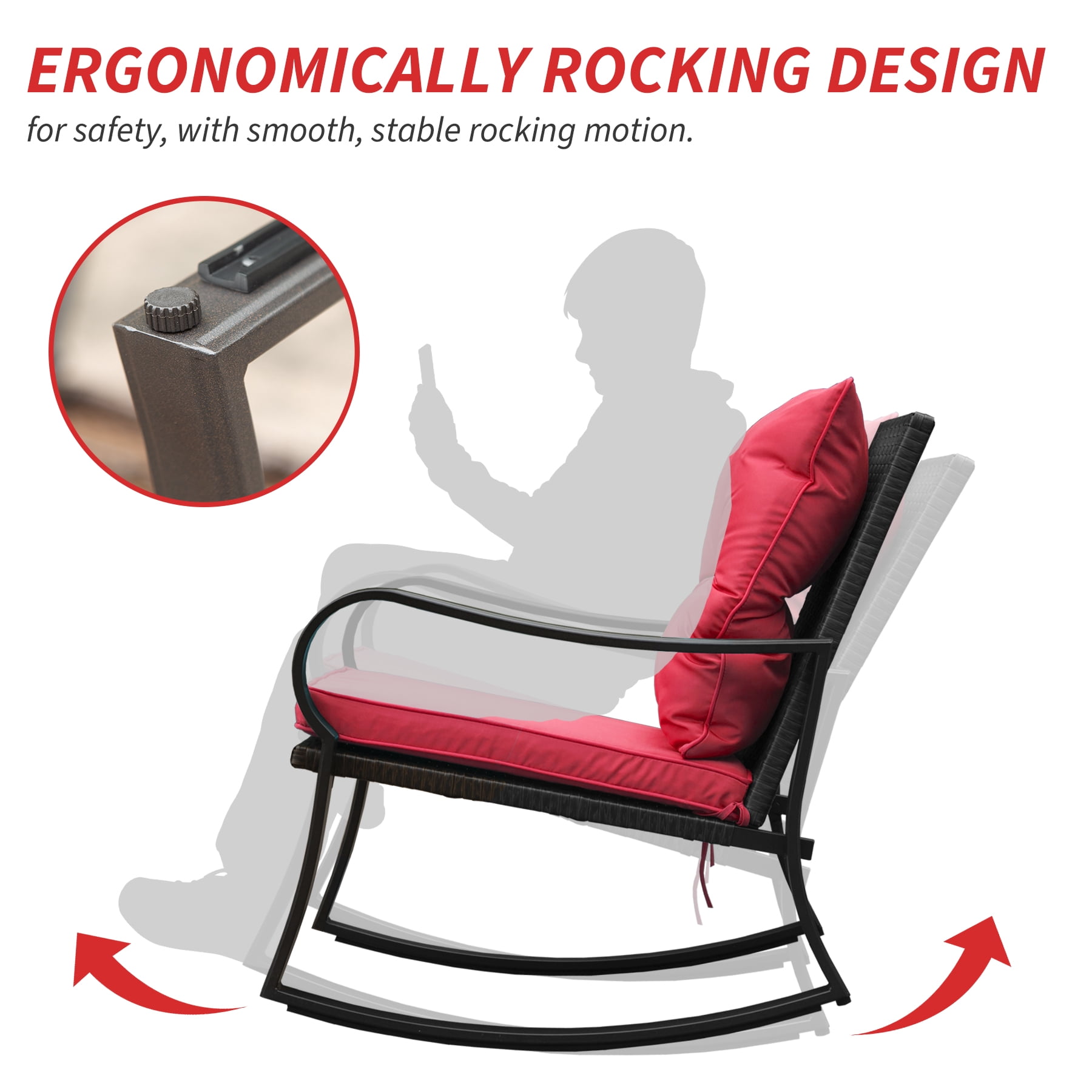 Leumius 3-Piece Outdoor Rocking Chair Set,Wicker Rocking Bistro Patio Set with Cushions & Table for Backyard, Porch, Balcony, Poolside,Red
