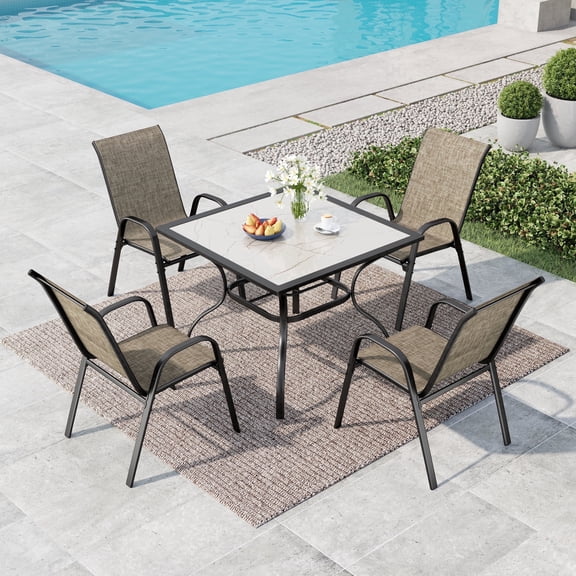 SUMMIT LIVING 5-Piece Outdoor Patio Dining Set, 4 Stackable Textilene Chairs (Weight Capacity 350 lbs) and Metal Square Table with Marble Tabletop, Black & Grayish-brown
