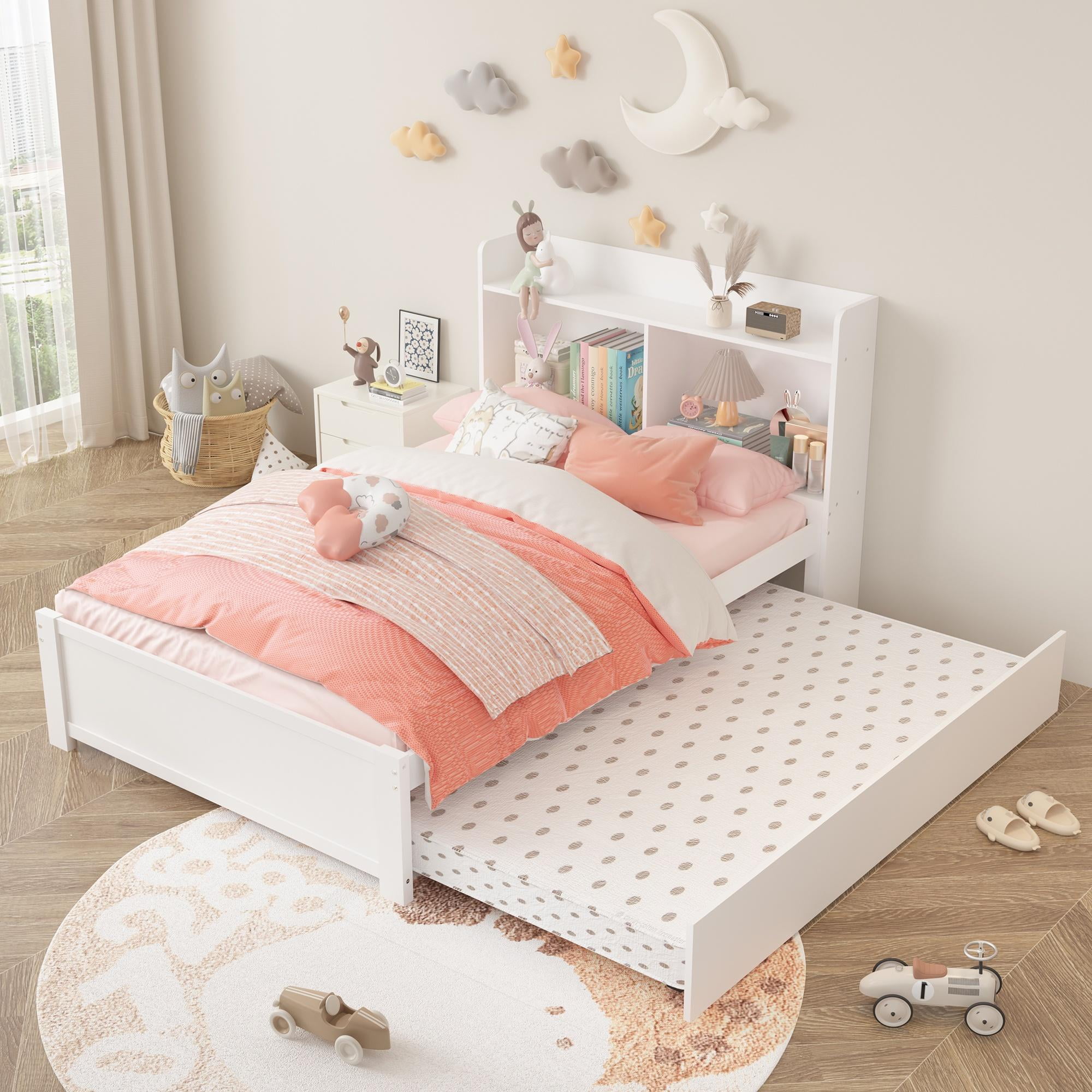 HSUNNS Twin Bed Frame with Trundle and Storage Bookcase, Modern Platform Twin Bed Frame for Girls and Boys, Solid Wood Trundle Bed with Headboard and Footboard, No Box Spring Needed, White