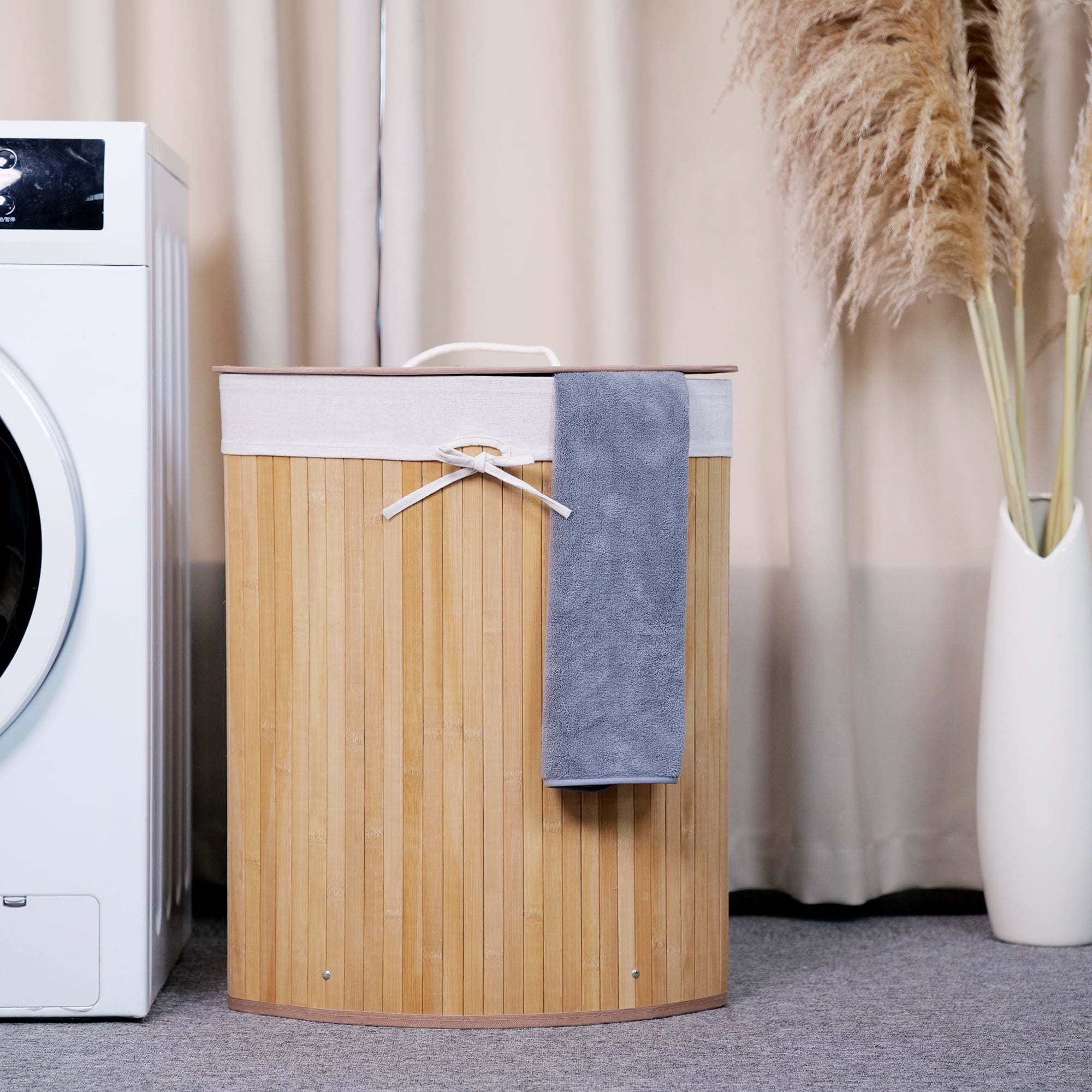 Corner Bamboo Laundry Hamper with Lid and Removable Liner Corner Bamboo Laundry Basket with Handle Washing Clothes Basket Storage Bin for Bedroom Bathroom