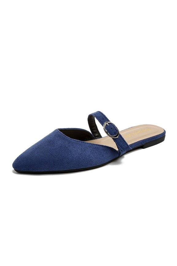 Elegant Pointed Toe Single Buckle Mule Slides for Women Soft Suede Slip On Flat Sandals Closed Toe Casual Slippers for Everyday and Office Wear
