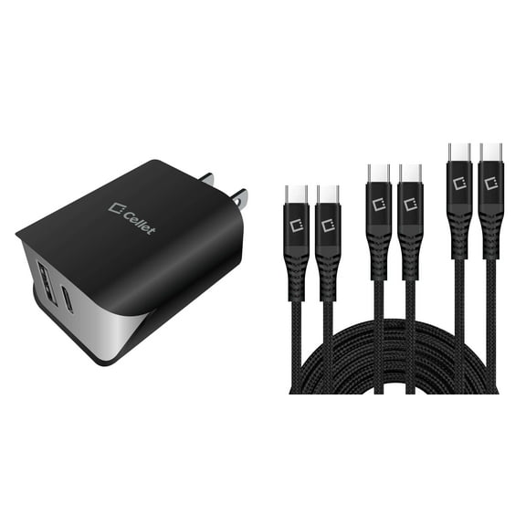 Cellet UL Certified 18W 2-Port USB-C Power Adapter with (3-Pack) USB-C to USB-C Cables (3ft, 6ft, 10ft) for Samsung Galaxy A54 5G - Black