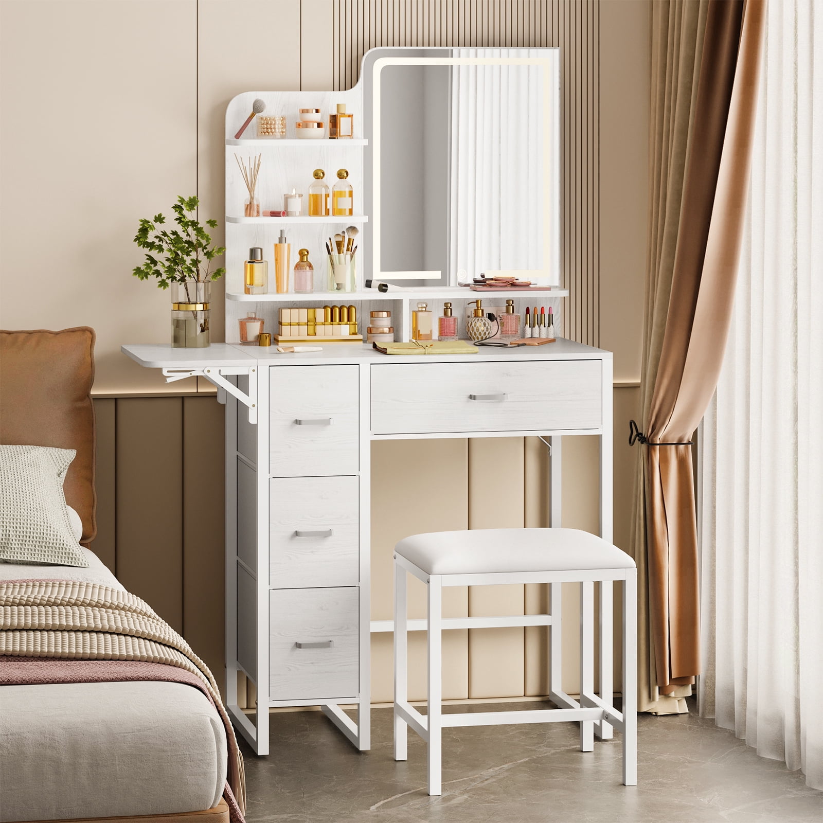 Fairy Makeup Vanity for Bedroom with LED Mirror, Lights, 4 Drawers, USB Ports, Stool, White