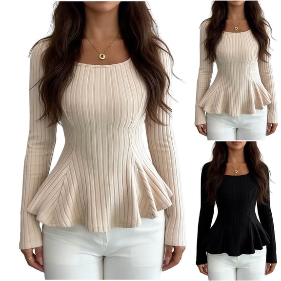 Sexlip Womens Round Neck Blouse Long Sleeve Peplum Hem Design Ribbed Fabric Slim Silhouette for Evening Occasions Beige L