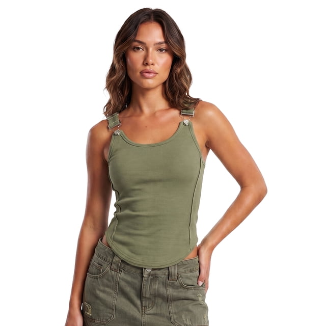 Camiseta sin mangas acanalada para mujer, elegante camisola sin mangas con tirantes de hebilla metálica y bajo curvado.