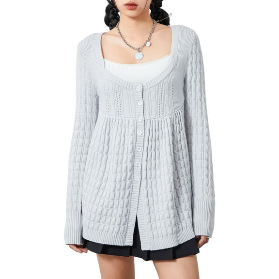 Women's Cable Knit Sweaters Casual Long Sleeve Square Neck Button Down Loose Tops