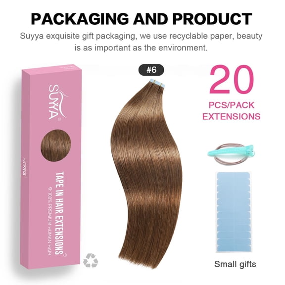WEIF-Tape in Hair Extensions Chestnut Brown 100% Real Human Hair 12inches 20pcs 40g/pack Straight Seamless Skin Weft Tape Hair Extensions(12 inches #6 Medium Brown)